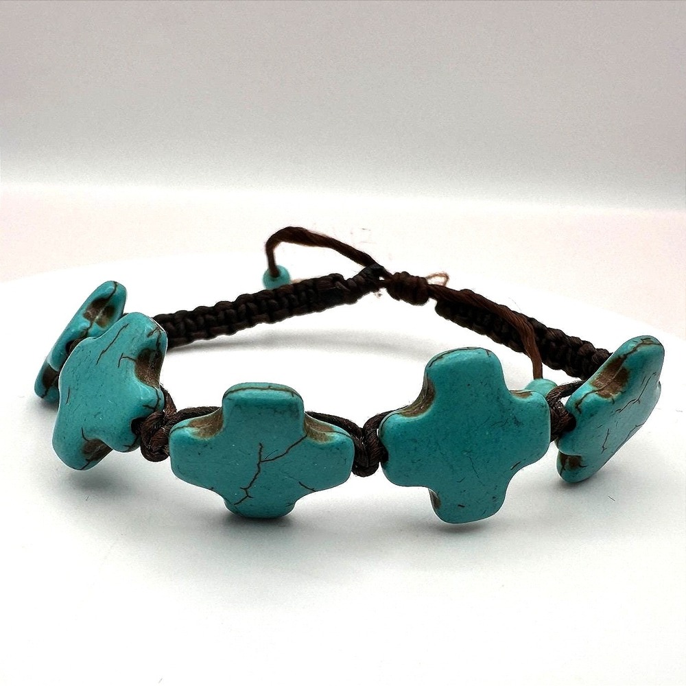Vintage Turquoise Color Cross Bracelet‎ Brown Woven Macrame Cord Boho Religious